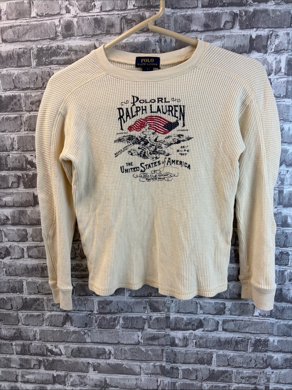 Ralph Lauren Cream Waffle-Knit Crewneck‎ with Flag Graphic